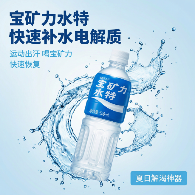 [主图 1]宝矿力水特电解质饮料首图，突出快速补水功效
[氛围/风格]清爽夏日运动风，清凉通透，动态补水氛围
[画面元素]宝矿力水特瓶子保持原外观居中放置，周围环绕清凉水波纹和飞溅的水珠，背景淡蓝色渐预览效果