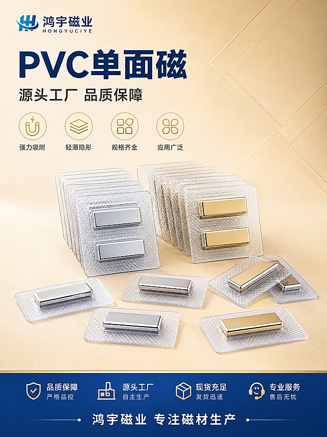 [商品] 使用【图1】【图2】【图4】长方形PVC单面磁产品；保留透明PVC长方包胶底座、中间镶嵌长方形银色磁铁的结构，保留产品的透明质感和金属光泽，保留产品形状和比例；产品精修：清理表面灰尘和划痕，增强金属磁铁反光质感，提升PVC透明度，边缘更清晰。
[画面] 页面目标：专业头图，建立源头工厂品质感。上下构图，上半部分为标题区，下半部分为产品展示区。画面中央偏下位置陈列多枚长方形PVC单面磁产品，有平铺的、有堆叠的，形成丰富的产品阵列，金银两色都有展示，产品占画面约55%。背景为米金色渐变，带有淡淡的几何线条装饰。左上角放置鸿宇磁业品牌logo，logo保持原样不做任何修改。底部有一条深蓝色信息条。
[视觉] 套系策略：风格=蓝金工业品质风，源头工厂专业感；标题字=现代粗黑体，厚重有力；正文字=简洁无衬线体；主色=深蓝色+米金色；背景延展=米金色到浅米色渐变，带细腻纹理质感；强调色=浅金色，用于图标、引线、标签；标题色=深蓝色；正文色=深灰色；组件=圆角信息卡、细线引线、浅金色图标；光影=柔和顶光，金属磁铁有细腻高光，PVC通透有质感。
[文字] 上部左侧主标题深蓝色大字写"PVC单面磁"，副标题写"源头工厂 品质保障"，下方4个浅金色小图标配短文案：强力吸附、轻薄隐形、规格齐全、应用广泛。底部深蓝色信息条白字写"鸿宇磁业 专注磁材生产"。文字横排，层级清晰，不遮挡产品主体。
[规格] 图片比例3:4竖版，2K分辨率，避免变形、错字、文字过小、产品结构失真、颜色偏差、悬浮感、水印、平台Logo。