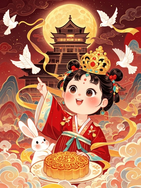 画面风格为古风卡通插画。内容主体是一位身着红色汉服的小女孩，头戴金色发饰，发髻精致，面带笑容，右手指向身前的白兔，白兔捧着一块带有花纹的月饼，正张嘴咬着，画面洋溢着温馨氛围。背景场景为红色祥云缭绕的夜预览效果