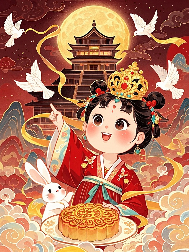 国潮风插画，拟人化小女孩手持月饼，身着华服，背景为明月古塔与祥云白鸽，融合水彩质感与鎏金元素，喜庆中式卡通风格，中秋佳节氛围浓厚。