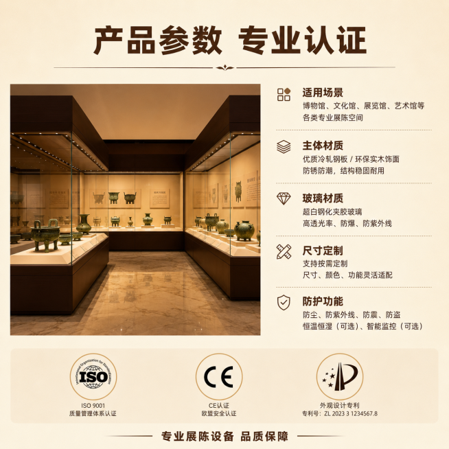 「图片1」高端博物馆专用通柜，高清超白低反夹胶玻璃，360度全方位观赏，密封防尘防潮，恒温避光保护藏品，承重稳固做工精细，内嵌柔光灯光，尽显展品质感，展馆展陈首选！预览效果