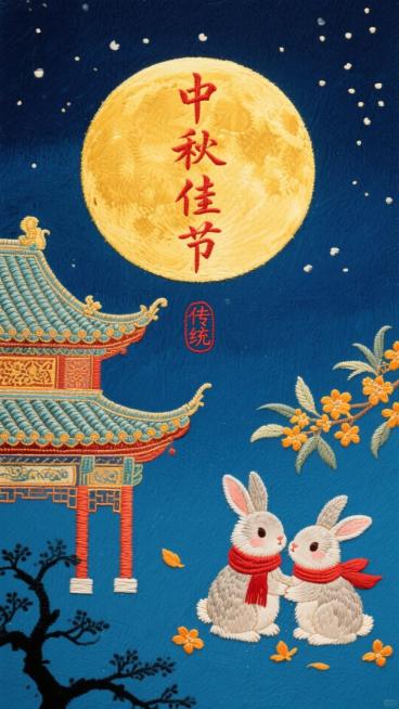 中秋主题图片，需包含深蓝夜空、金黄色满月、竖排“中秋佳节"书法字体与红色"传统"印章及拼音，采用低角度仰拍构图，前景为古建筑飞檐翘角(带传统花纹与琉璃瓦)、2只系红围巾的卡通依偎兔子、飘落的橙黄色桂花预览效果