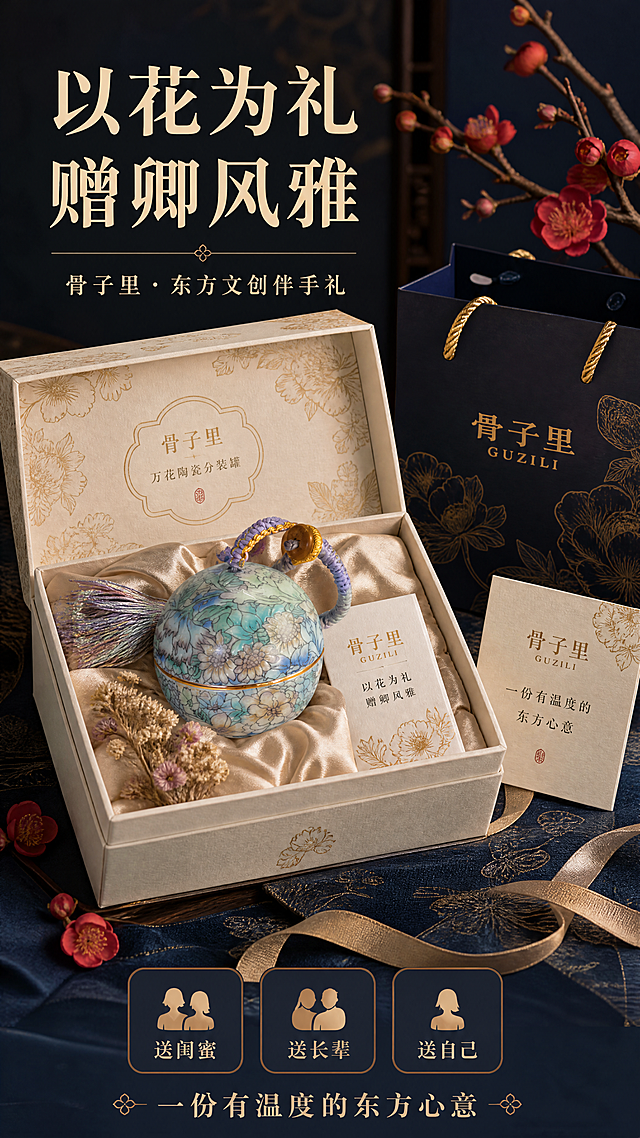 [商品] 使用【图1】骨子里·万花陶瓷分装罐；保留球形罐体、万花图案、金色描边、紫色挂绳流苏；产品置于礼盒中或旁侧，外观完整还原。
[画面] 页面目标：礼赠场景，塑造国风文创伴手礼的价值感。构图：竖版9:16，产品放在雅致的国风礼盒中（米白或靛蓝色礼盒，配丝绸内衬、干花、贺卡），礼盒半开，罐子是视觉中心；旁边可搭配同款小卡片或手提袋；背景为暗调雅致的桌布与几支红梅/腊梅；营造送礼的仪式感与高级感。
[视觉] 套系策略：风格=国风新中式轻奢商业摄影；标题字=宋体衬线粗体；正文字=简洁细黑体；主色=繁花多彩（紫/青/粉/金），背景延展=深藏青+烫金暗纹做深浅层级、丝绸/宣纸质感；强调色=金色，用于礼盒丝带、标签和图标；标题色=米白金边；正文色=浅米白；组件=金边礼物标签、丝带元素、圆角信息卡；光影=暖调柔光，礼盒内微微打亮产品，整体氛围温馨高级，无光斑。
[文字] 上方主标题「以花为礼 赠卿风雅」，副标题「骨子里·东方文创伴手礼」；下方配3个送礼场景「送闺蜜 / 送长辈 / 送自己」，以及一句「一份有温度的东方心意」；文字横排，不遮挡礼盒与产品主体。
[规格] 图片比例9:16竖版，4K分辨率，负向提示：光斑、过曝、模糊、错字、文字竖排、产品变形、冷色调、水印、二维码。