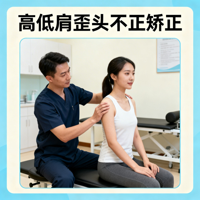 美团健身团购主图，方形1:1，画面突出"高低肩矫正"主题，有康复师和顾客人物，专业康复室场景，现代简约风格，主标题文字"高低肩歪头不正矫正"清晰醒目，商业宣传用途预览效果