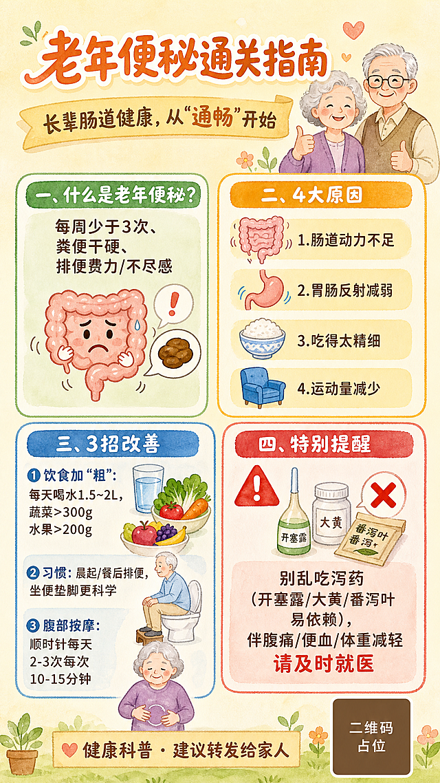 一张老年便秘健康科普海报，手绘水彩插画风格，温馨柔和暖色调，米白浅黄底色，9:16竖版。顶部大标题区：主标题"老年便秘通关指南"，副标题"长辈肠道健康，从'通畅'开始"，字体圆润亲切。中间分为四个信息板块，用彩色圆角卡片分区，排版精美：第一板块标题"一、什么是老年便秘？"，内容"每周少于3次、粪便干硬、排便费力/不尽感"，配肠道卡通小插画；第二板块标题"二、4大原因"，列出4条："1.肠道动力不足 2.胃肠反射减弱 3.吃得太精细 4.运动量减少"，配小图标；第三板块标题"三、3招改善"，列出3条："①饮食加'粗'：每天喝水1.5~2L，蔬菜>300g水果>200g ②习惯：晨起/餐后排便，坐便垫脚更科学 ③腹部按摩：顺时针每天2-3次每次10-15分钟"，配水杯、蔬果、蹲姿示意图；第四板块标题"四、特别提醒"，内容"别乱吃泻药（开塞露/大黄/番泻叶易依赖），伴腹痛/便血/体重减轻请及时就医"，用红色警示框突出。底部标签"健康科普 · 建议转发给家人"，右下角有二维码占位符方块。整体风格温暖治愈，适合老年阅读，字号适中清晰，四周留安全边距，画面中所有信息区域必须填充完整合理内容，不得出现空白框或占位横线。画面中所有数字必须精确渲染，不得错位、遗漏或编造。画面中所有二维码区域使用纯色方块占位符呈现，方块中央标注"二维码占位"文字，严禁生成任何可识别的二维码图案。