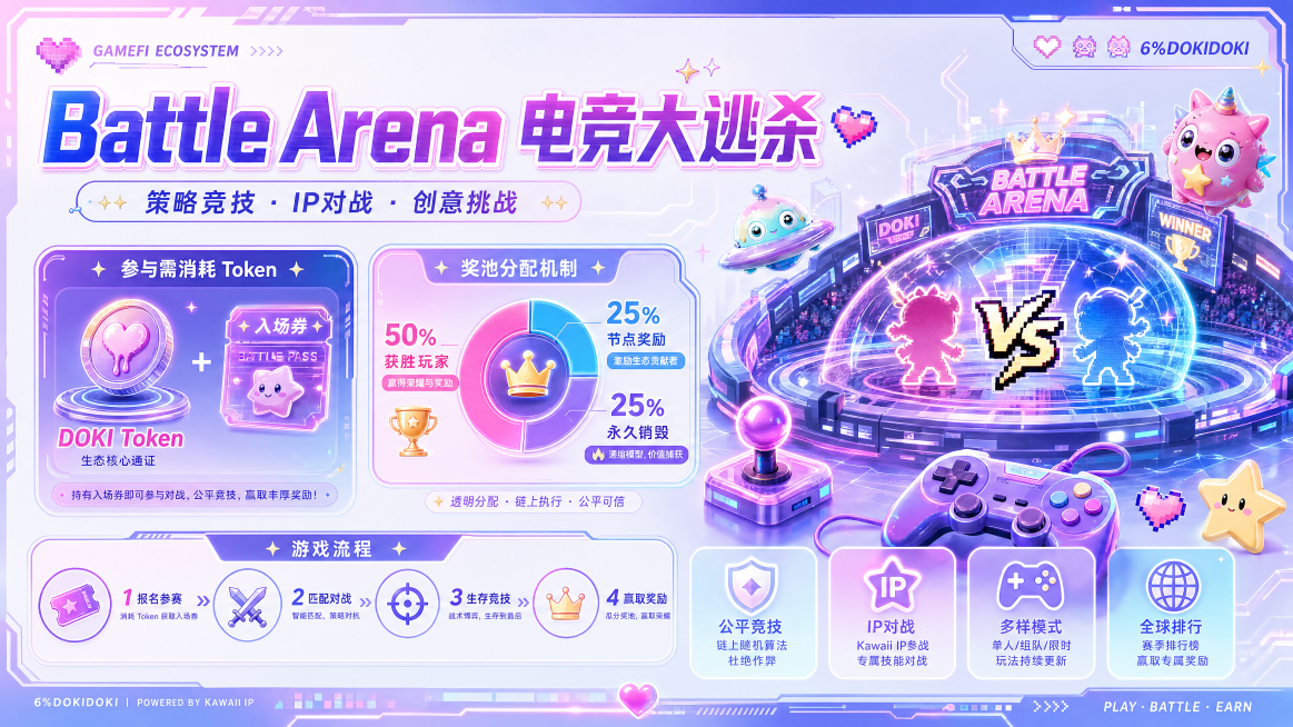 PPT GameFi竞技生态页面，大标题“Battle Arena电竞大逃杀”，说明：策略竞技 IP对战 创意挑战，参与需消耗Token，奖金池分配：50%获胜玩家，25%节点奖励，25%永久销毁，保预览效果