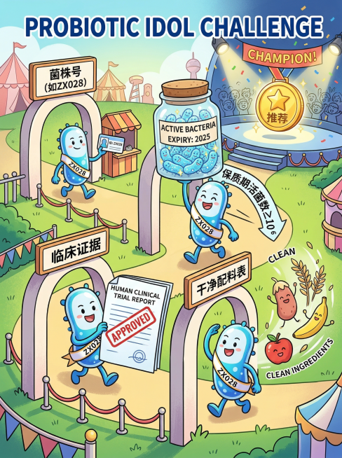 益生菌菌株画成选秀选手形象进行闯关，依次通过四道关卡：第一关门框标着'菌株号（如ZX028）'，选手出示身份证入场；第二关门框标着'保质期活菌数≥10^6'，选手展示装满活菌、标有截止日期的透明罐子；预览效果