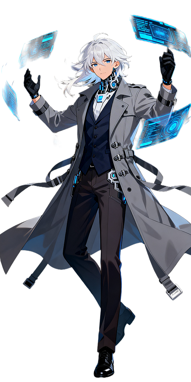 二次元手游男性角色，无背景，白色中长发飘起起舞，站姿，双手抬起，周围有蓝色虚拟电子屏幕特效，全身立绘，灰色风衣，深色马甲，黑色手套，深色裤子，利落帅气造型，风衣有带子和机械纽接口等科幻元素，脖子和领口是现代科幻机械元素，英伦绅士风格，画风参考原神、无限大、终末地、异环、鸣潮