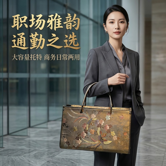 严格还原参考图中的新中式国风刺绣托特包，包括包身所有设计、颜色、细节。产品由气质职场女性手提，背景为极简现代写字楼大堂，画面左上角添加主标题"职场雅韵 通勤之选"（书法烫金字体），主标题下方添加副标题预览效果