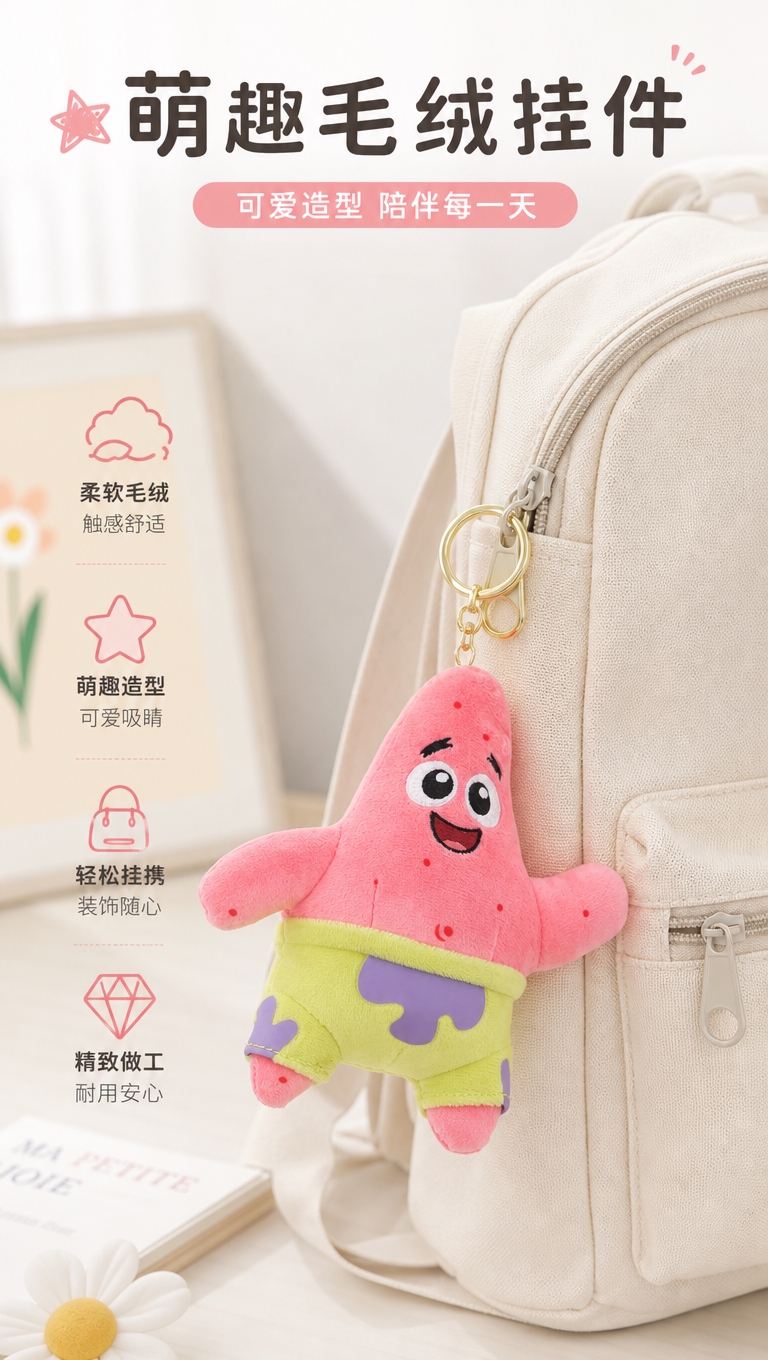 电商详情页产品展示图，展示毛绒挂件挂在背包上的效果。粉色海星造… - 图片创意预览