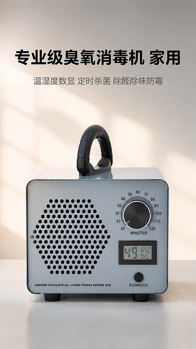 画面中心摆放家用臭氧消毒机主体（金属机身实拍），构图居中对称，背景采用简约家用浅灰渐变，点缀轻微暖光光影，整体干净柔和不杂乱，无多余装饰。主文案"专业级臭氧消毒机 家用"居中放大，字体粗黑；副文案"温湿度数显 定时杀菌 除醛除味防霉"在主文案下方，字体纤细，颜色比主文案浅一度。高清8K分辨率，产品金属磨砂纹理、显示屏细节清晰可见，色彩还原真实（金属哑光质感），光影层次柔和，无模糊噪点，整体色调温馨适配家用风格