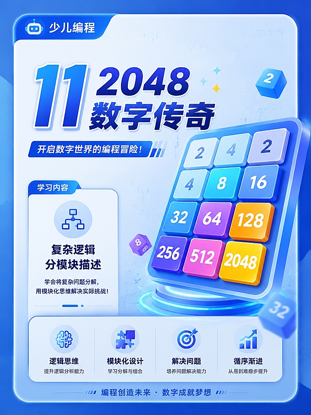 少儿编程课程卡片，主题是"11 2048数字传奇"，学习内容为"复杂逻辑分模块描述"，现代简约科技风格，蓝色调，圆角卡片设计，画面包含数字方块元素，文字排版清晰，主标题突出，适合用于课程宣传，版式精美