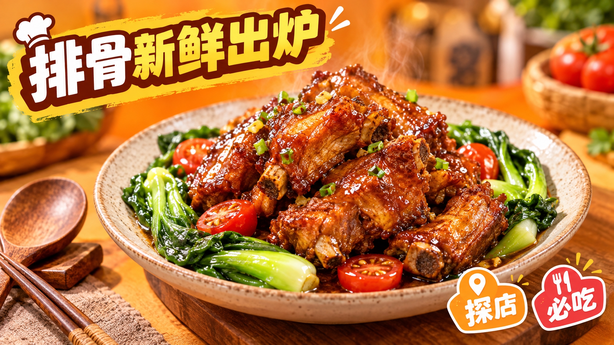 活力美食风格，暖橙色背景，画面中心是一盘色泽诱人的红烧排骨，排… - 图片创意预览