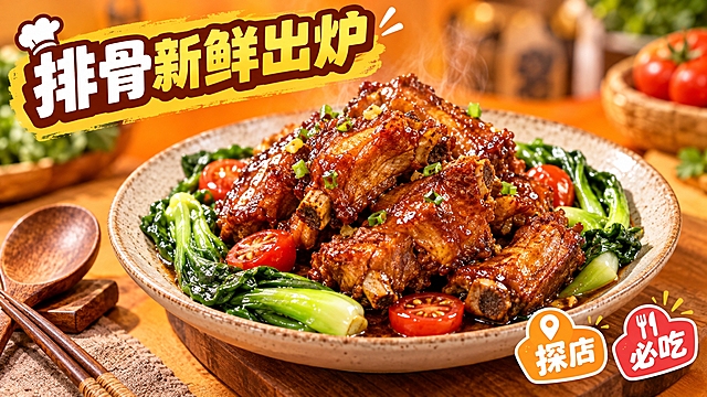 活力美食风格，暖橙色背景，画面中心是一盘色泽诱人的红烧排骨，排骨表面油亮光泽、肉质饱满，搭配新鲜翠绿的蔬菜和红色番茄点缀，旁边摆放木质餐具，背景虚化处理突出主体美食，左上角有粗体字标题框写着"排骨新鲜出炉"，右下角有"探店""必吃"简约标签图标，整体高饱和度色彩，温暖诱人的美食摄影风格，食欲感强