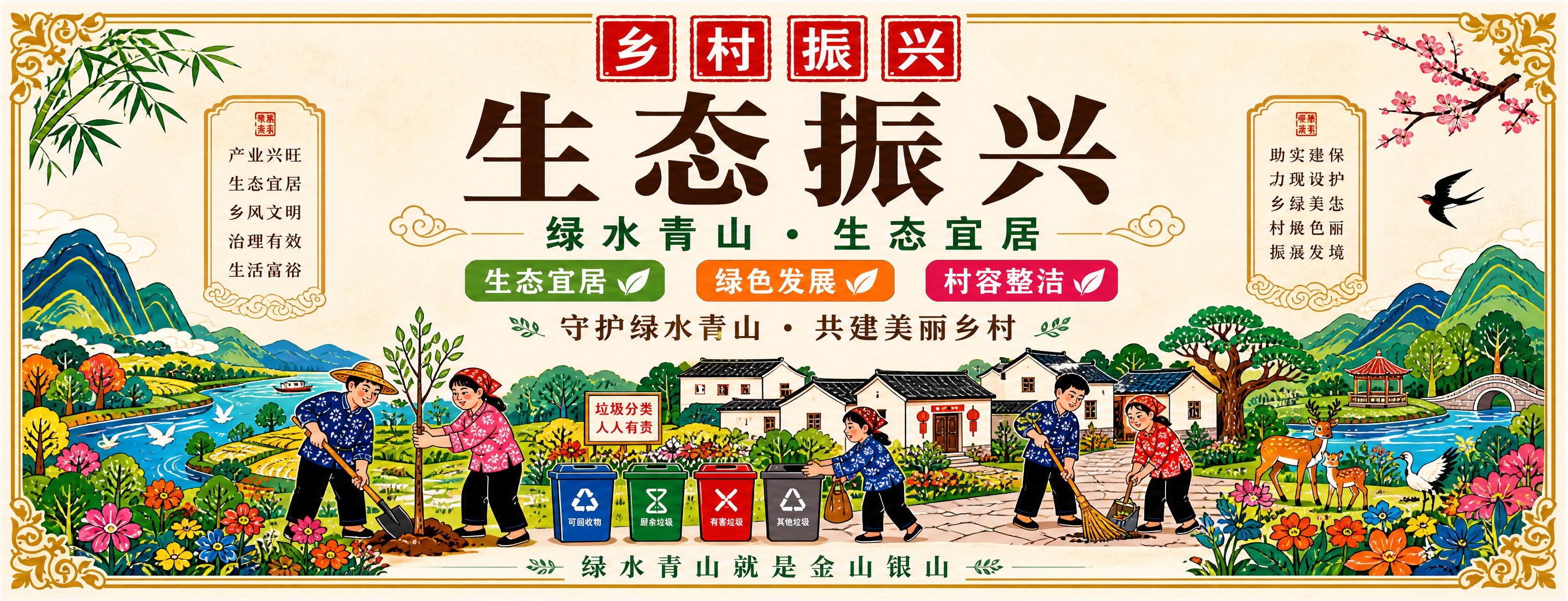 乡村振兴主题政务宣传展板，横版13:5比例，新中式政务宣传风格… - 图片创意预览