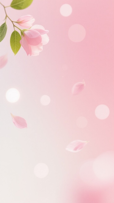 柔和的粉色渐变背景，融合浅粉、淡桃粉和奶油白，整体干净通透，带有梦幻的光晕效果。左上角点缀几片嫩绿的叶子和粉色花瓣，增添自然气息。背景中分布着大小不一、边缘模糊的圆形光斑，营造出轻盈、温馨的氛围。整体设计简洁大方，色调统一，光线柔和，适合作为背景素材使用，无文字和图案干扰。预览效果