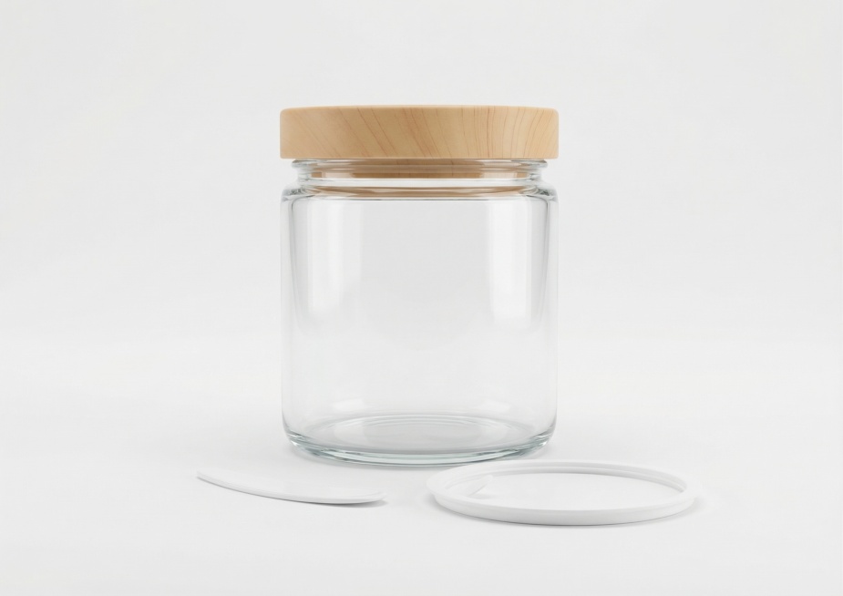 重新精修这张玻璃储物罐产品，纯白背景，正视图，平视角，3D渲染效果，去除产品瑕疵，让瓶身光滑，突出玻璃材质和产品精致感，清除所有指纹、灰尘与瑕疵，让产品看起来崭新，瓶身光影立体感强，提升整体质感和高级预览效果