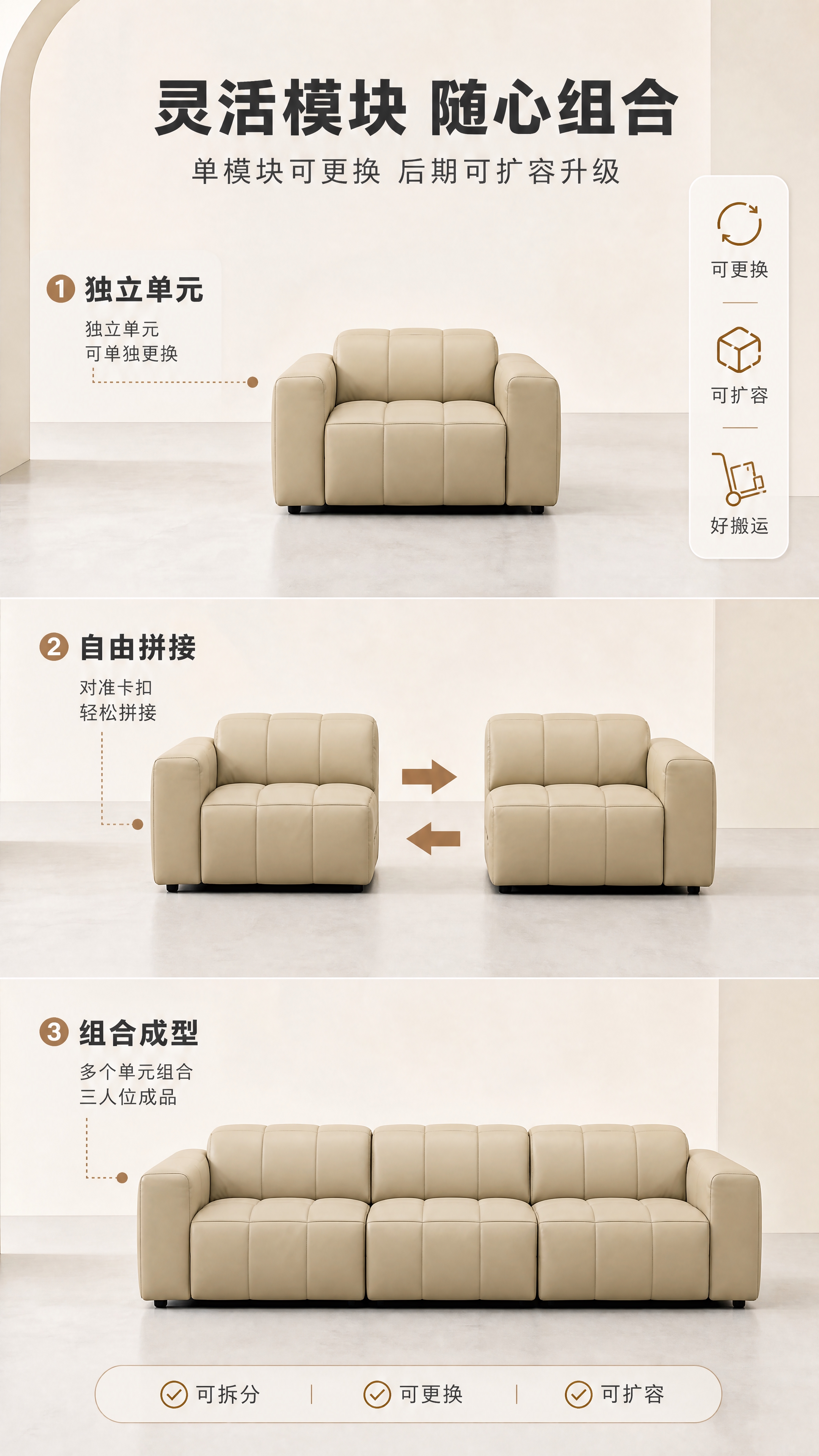 [商品] 使用【图1】奶油米色真皮模块沙发；保留单人模块外观、… - 图片创意预览