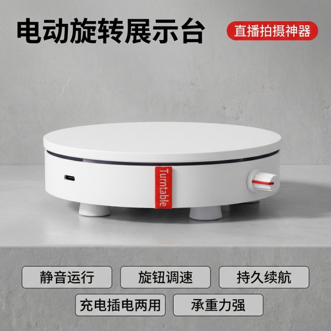 [主图 1] 电动旋转展示淘宝宝贝首图
[氛围/风格] 专业电商数码风格，简洁高级，突出质感
[画面元素] 保持原图产品外观，电动旋转展示台居中放置在极简灰色质感台面，整体干净明亮，突出主体产品
[配预览效果