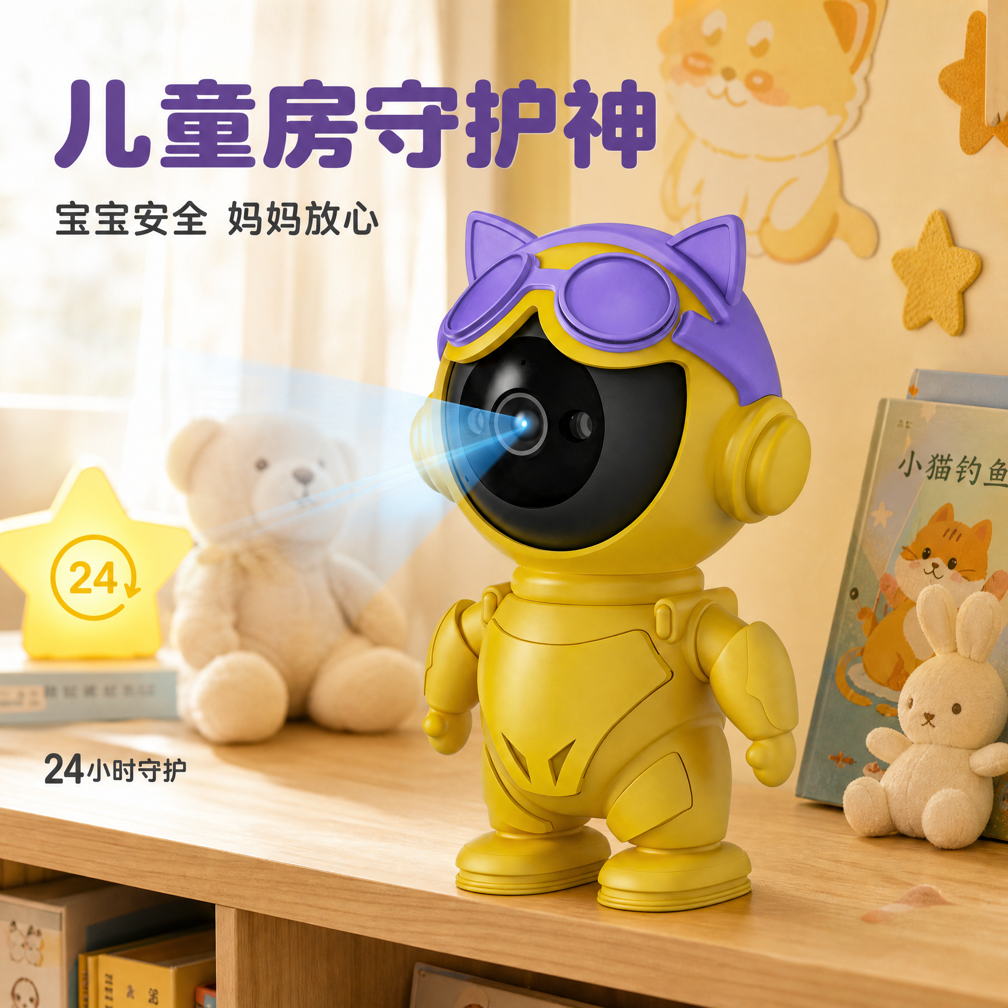 [主图-6] 卡通萌宠智能监控摄像头黄紫飞喵款 真实工作状态主… - 图片创意预览