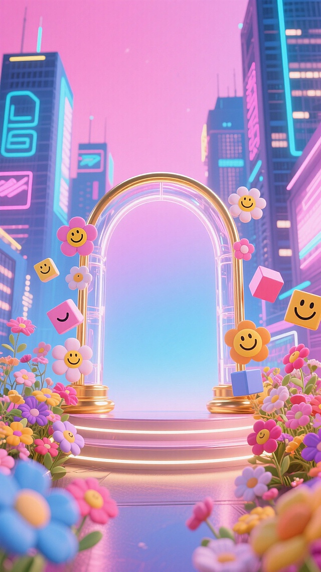 以粉蓝渐变为主色调的赛博朋克风 3D 场景，画面中有透明发光的圆形拱门，拱门周围环绕着笑脸花朵、笑脸方块等童趣元素，背景是霓虹都市建筑，前景有各色花朵，整体风格梦幻且富有科技感与童趣氛围。