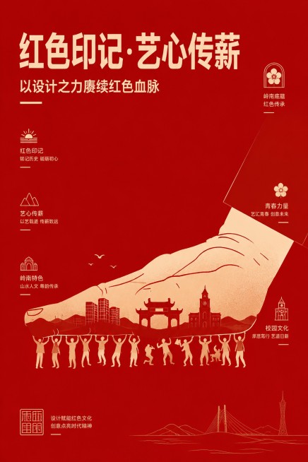 红色主题文创海报设计，活动主题为"红色印记·艺心传薪"，副标题为"以设计之力赓续红色血脉"，挖掘红色精神内涵，结合岭南地域特色与校园文化，采用红色主调极简现代设计风格，图形符号化表达，年轻化视觉设计，预览效果