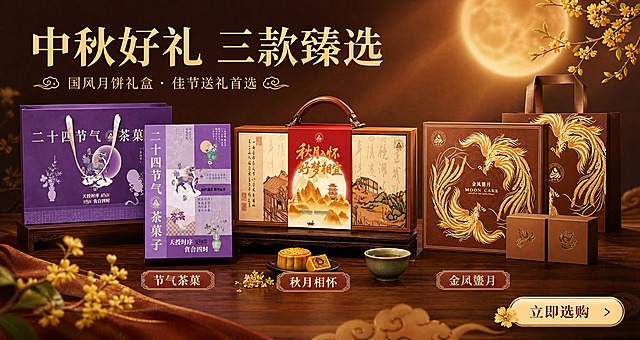 小程序首页顶部轮播营销海报，横版15:8比例。画面中央展示三款中秋月饼礼盒，从左到右依次为【图1】紫色二十四节气茶菓子礼盒、【图2】木纹手提秋月相怀礼盒、【图3】棕金色金凤鎏月礼盒，三款礼盒并排陈列，高低错落形成节奏感，每款礼盒100%还原上传商品图的外形、包装、LOGO、印刷文字、材质质感、颜色与正面朝向。背景为新中式中秋氛围，深暖棕红色渐变，点缀朦胧圆月、桂花枝、祥云纹样，光影柔和温暖，顶部侧前方柔光照射，礼盒底部有自然投影。画面左上方主标题大字"中秋好礼 三款臻选"，副标题"国风月饼礼盒 · 佳节送礼首选"，三款礼盒下方各有一个小标签，分别为"节气茶菓"、"秋月相怀"、"金凤鎏月"，右下角有"立即选购"按钮。整体风格国风新中式，高端大气，商业摄影质感，画面精美排版，文字清晰可读，四周留安全边距，不要拼图边框、不要分屏、不要多张图拼接，是一张完整的横版海报。画面中所有信息区域必须填充完整合理的内容，不得出现空白框、空白占位。