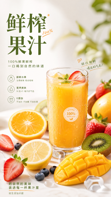小红书风格鲜榨果汁宣传图，透明玻璃杯中装满鲜果鲜榨果汁，周围摆放多种新鲜水果，色彩鲜亮诱人，干净清爽背景，明亮自然光线，适合发小红书种草宣传，带有文字"鲜榨果汁"预览效果