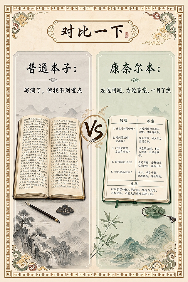 小红书笔记内页，对比图，国风山海经风格，米黄色宣纸纹理背景、回纹边框、整体典雅国风气韵。版式精美，信息层级清晰。画面左右分两栏对比：左侧标题逐字锁定：「普通本子：」，下方文字逐字锁定：「写满了，但找不到重点」，配一本写满密密麻麻字的普通本子插画；右侧标题逐字锁定：「康奈尔本：」，下方文字逐字锁定：「左边问题，右边答案，一目了然」，配一本左右分栏清晰的康奈尔本插画。中间用「VS」或国风对比符号分隔。左右两栏分别用不同底色区分，左侧浅灰、右侧浅绿。顶部可加小标题「对比一下」。装饰：四周加回纹细线边框；角落加祥云或卷草纹点缀。整体氛围：国风典雅、对比鲜明、痛点清晰。画质：高清细腻，文字清晰可读，所有文字完整处于安全区内不可裁切，四周留安全边距。画面比例 2:3，4K。