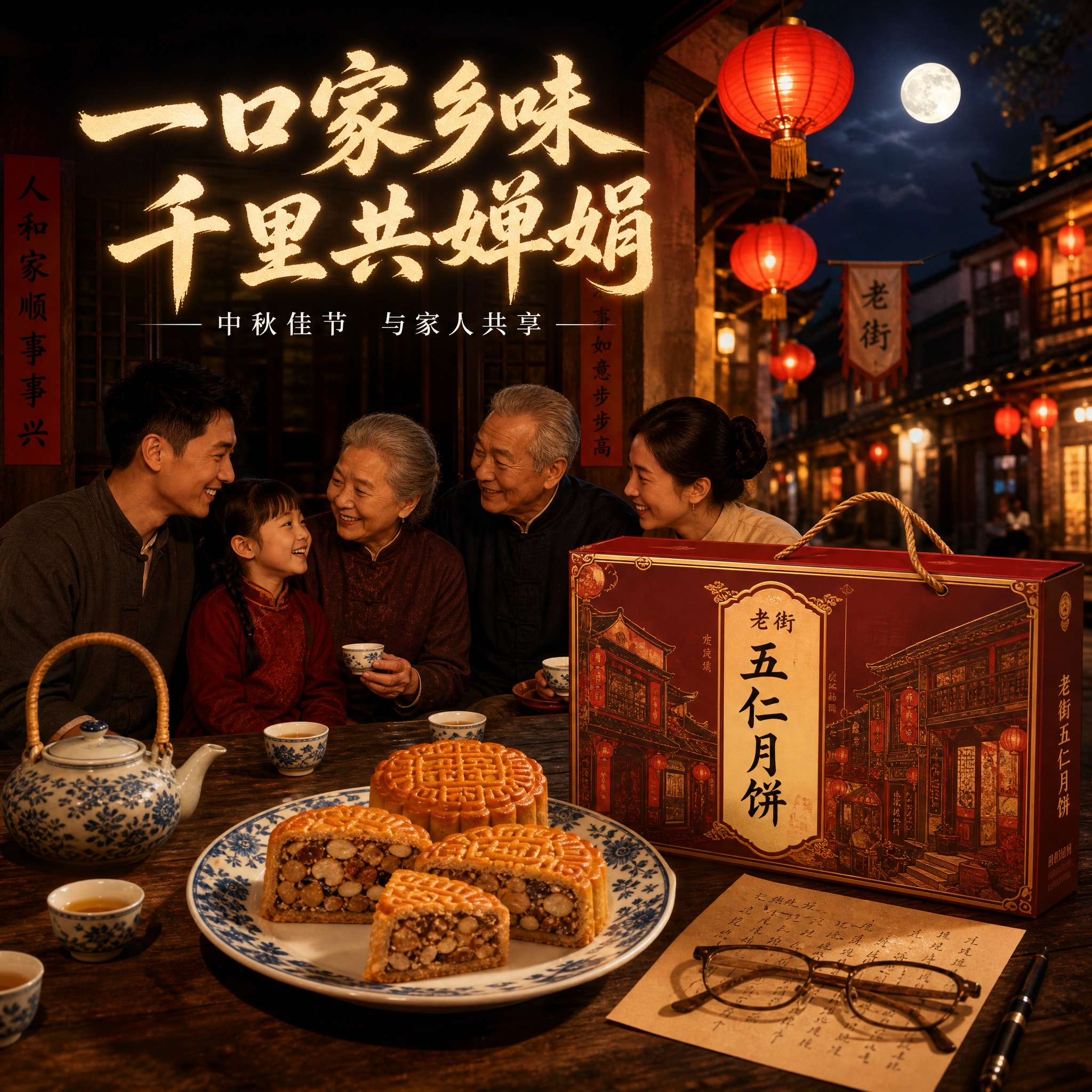 [主图-4] 老街五仁月饼场景体验图，中秋家乡团聚氛围。 [统… - 图片创意预览