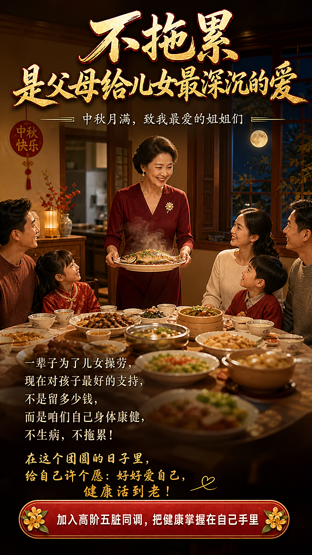 参考图1的版式结构和文案层级，将画面主体替换为中秋团圆家宴的真实场景。写实商业摄影风格，竖版9:16，暖黄色调，温馨治愈充满家的烟火气。

画面主体场景：暖黄色的灯光下，一张中式大圆桌上摆满丰盛的中秋家宴菜肴，热气腾腾。一位50多岁的优雅妈妈（姐姐）穿着得体的酒红色连衣裙，胸前别着一枚精致的金色胸针，正端着一盘热气腾腾的菜从厨房方向走出来。她面色红润，步态轻盈，脸上带着自信从容的温暖笑容，画面焦点落在妈妈的笑容上。圆桌旁，儿女们（儿子儿媳、孙子孙女）围坐一桌，都满脸期待、笑容满面地看向她，眼神中充满爱意和幸福。

背景是温馨的中式餐厅，墙上挂着小小的中秋装饰，窗外隐约可见一轮圆月。整体光线柔和温暖，有家庭聚餐的真实感和烟火气。

文字排版（参考图1的层级结构，叠加在画面上方和下方）：
1. 顶部主标题：书法体，暖金色带深红描边，两行"不拖累""是父母给儿女最深沉的爱"，字号最大最醒目。
2. 副标题：细楷体米白色，"中秋月满，致我最爱的姐姐们"。
3. 中部金句：优雅宋体米白色，留白排布，"一辈子为了儿女操劳，现在对孩子最好的支持，不是留多少钱，而是咱们自己身体康健，不生病，不拖累！"
4. 底部寄语：圆润手写体暖金色，"在这个团圆的日子里，给自己许个愿：好好爱自己，健康活到老！"
5. 最底部深红色圆角按钮：白色文字"加入高阶五脏同调，把健康掌握在自己手里"。

文字区域有半透明深色蒙层保证可读性，人物主体完整清晰不被遮挡。整体氛围温暖感人，中秋团圆的温情与健康养生的美好祝愿。画面中所有信息区域必须填充完整合理内容，不得出现空白框或占位区域。