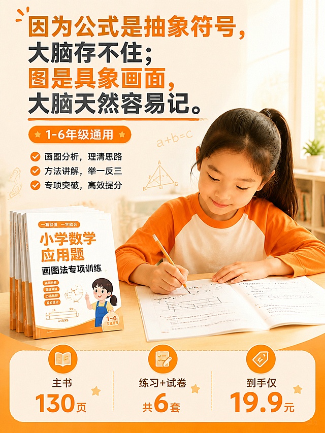 温馨写实风，突出学习场景的真实感与亲和力，结合明亮橙色主调传递活力与专注，图文排版清晰有序，强化教育产品实用价值。