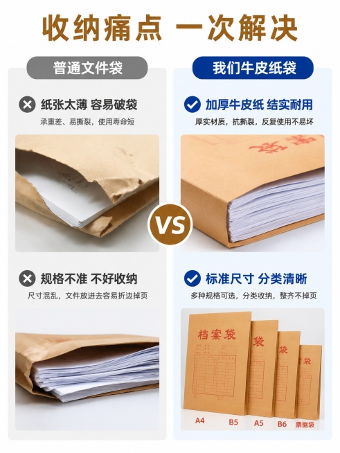 [第2屏] 办公收纳痛点对比。本屏使用【图1】的产品信息。
[氛围/风格] 清晰对比说明风，商务简约，信息直观。
[元素布局] 左右分栏对比布局，左侧展示普通薄款文件袋易破、变形、掉页的痛点场景，右侧预览效果
