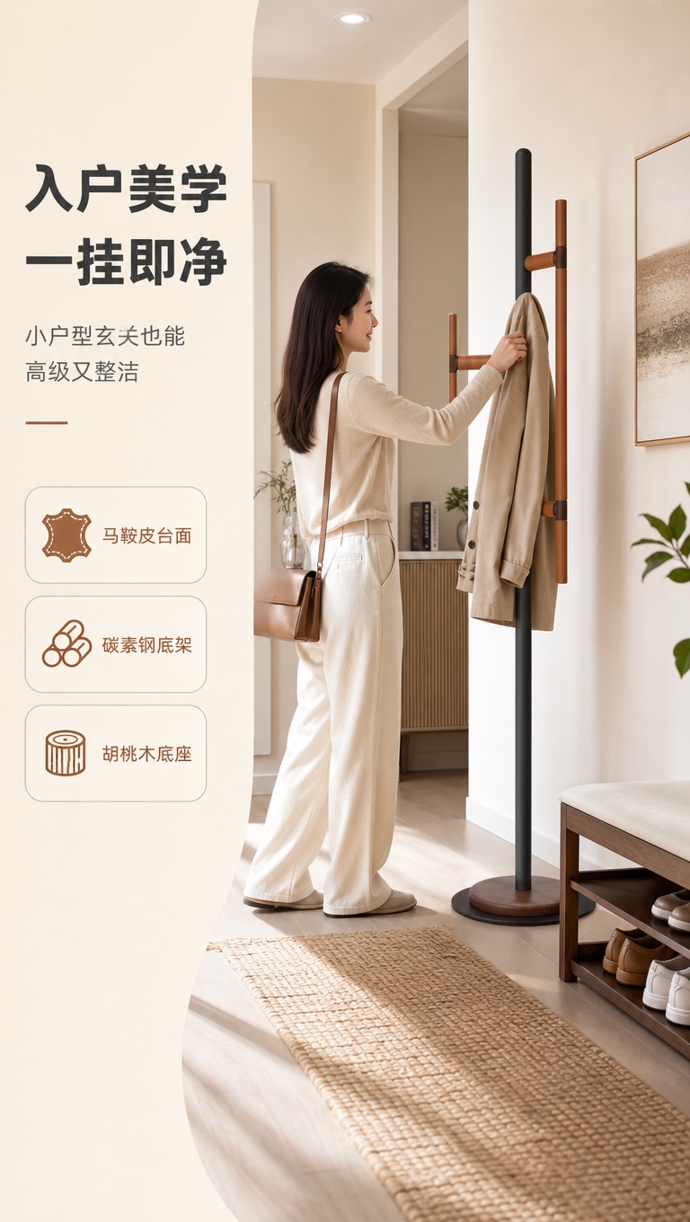 [商品] 使用【图1】中款焦糖棕马鞍皮衣帽架；保留圆形胡桃木底… - 图片创意预览