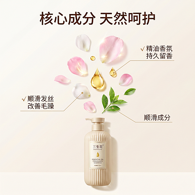 [主图 2] 三生花精油香氛洗发露核心成分功效解析图。
[氛围风格] 天然纯净科研感，通透高级。
[画质] 商业视觉设计，画面清晰干净，元素精致细腻。
[元素] 洗发露产品置于画面底部中心位置，上方区域悬浮真实花瓣精油滴和植物叶片，用纤细引线分别指向对应功效标注：顺滑成分、香氛精油、改善毛躁。背景为浅渐变米白色。保持洗发露产品外观与输入产品图绝对一致，杜绝任何变形色差。产品占比约30%，整体构图宽松透气，满屏无边框。
[光影] 整体均匀柔和柔光，点缀光突出精油分子和花瓣，通透不暗沉。
[配色] 主色调浅米白，辅助色浅金、自然植物绿，低饱和高级配色。
[视角构图] 居中构图，上下层次分明。
[文字版式] 顶部标题居中，“核心成分 天然呵护”深棕色粗体。每个成分旁标注对应功效“√ 精油香氛 持久留香 √ 顺滑发丝 改善毛躁”，细体深棕色，文字排列错落有致，不遮挡产品主体。
[比例分辨率] 1:1 比例，2k 分辨率，文字清晰可辨，画面超高清。
[负向提示词] 变形，水印，文字错乱，产品模糊，背景杂乱，配色刺眼，遮挡主体。
