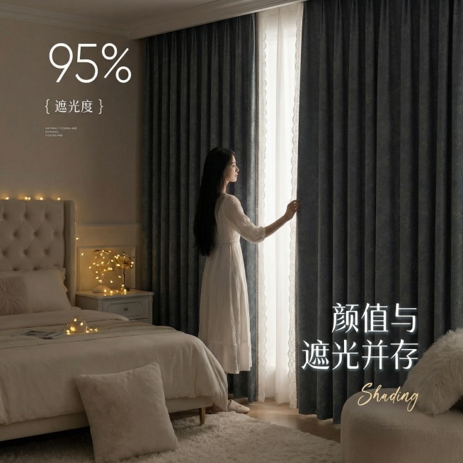 不改变窗帘的面料材质，切换不同的家装场景（最好是少女风奶油风），要求是在昏暗的室内，展示窗帘的遮光效果很好，改变角度，保留文字，一次生成4张；（遮光度）预览效果