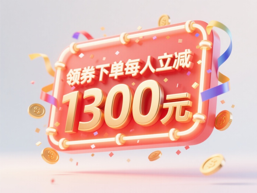 “领券下单每人立减1300元"红金色，立体浮空，带有微粒散射光效，白色渐变背景，环绕霓虹灯管式边框，漂浮金币和彩带元素预览效果