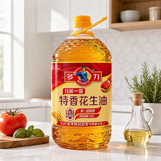 超写实商品摄影。
主体：花生油桶严格参照上传产品图，完整保留所有可见组件、部件、轮廓、结构、比例、材质、颜色与产品本体上的文字信息（logo/型号/规格/参数/浮雕/刻度等），与上传图完全一致；自然融入场景光影，与场景共处同一物理空间。产品占画面约55%，完整不裁切，中景构图，背景无其他同类食用油产品。
构图：中心构图，正面微侧8°平视。
风格：北欧白大理石厨房。
场景：北欧风厨房白色大理石台面，清晨柔光。
空间：①台面，纯白色大理石台面带极浅灰纹；②背景，白色平板橱柜与原木色开放格；③墙面，白色六边形马赛克砖。
陈设：①油桶左侧，一只原木小砧板上放着一颗红番茄和罗勒叶；②油桶右前方，一只透明玻璃油醋瓶；③台面后方，一小盆绿色迷迭香盆栽。
配色/材质：纯白大理石/原木浅棕/番茄红/叶绿/油金黄；大理石/实木/玻璃/陶瓷/塑料。
光影：主光从左侧大窗柔和晨光射入，光线均匀清透；油桶正面明亮柔和，桶身油液清亮通透，大理石台面有极淡的柔和反光。
参数：写实光追。严格锁定宽高比为1:1。
