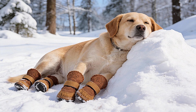 以图中的狗狗雪地靴为元素,冬天狗狗穿着雪地靴,设计4张跟狗狗雪地靴有关的图,物体主体特征不变，比例 「16:9」