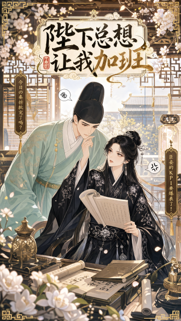 古风漫剧封面，比例9:16，非纯白背景，图中的男女古装人物进行互动，带有剧名文字"陛下总想让我加班"，古风宫廷风格，漫画封面设计预览效果