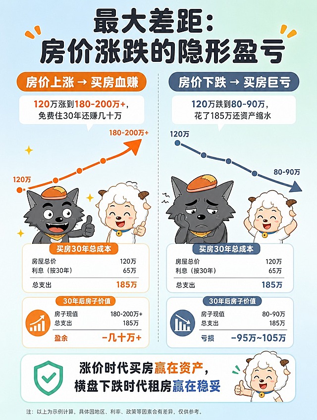 [商品] 无实物商品，为内容科普页；使用上下对比布局，上涨箭头和下跌箭头图标，灰太狼和喜羊羊小头像点缀。
[画面] 页面目标：展示房价涨跌两种情况下买房和租房的盈亏对比。构图：左右分栏对比结构，左侧"房价上涨"场景，右侧"房价下跌"场景，中间用竖线分割。主体位置：左侧灰太狼开心表情+上涨曲线，右侧灰太狼沮丧表情+下跌曲线，喜羊羊在两侧都有轻松表情。阅读动线：从左到右对比阅读，底部有总结结论。前中后景：前景为数据卡片和曲线，中景为人物头像，背景为浅色渐变。
[视觉] 套系策略：风格=互联网扁平风，简约卡通插画，信息可视化；标题字=圆润粗体无衬线；正文字=简洁无衬线体；主色=清新蓝绿色系；背景延展=浅蓝到浅绿渐变背景，搭配白色圆角信息卡片；强调色=暖橙色（上涨用）、灰蓝色（下跌用）；标题色=深炭灰色；正文色=中灰色；组件=圆角白色卡片、上升下降曲线图、对比箭头、人物小头像；光影=平涂无明显阴影，干净清爽。
[文字] 顶部大标题"最大差距：房价涨跌的隐形盈亏"，左侧栏标题"房价上涨→买房血赚"，说明"120万涨到180-200万+，免费住30年还赚几十万"，右侧栏标题"房价下跌→买房巨亏"，说明"120万跌到80-90万，花了185万还资产缩水"，底部总结"涨价时代买房赢在资产，横盘下跌时代租房赢在稳妥"，文字均横向排版。
[规格] 图片比例3:4竖版，4K分辨率，避免复杂纹理、3D效果、文字竖排、数据模糊。