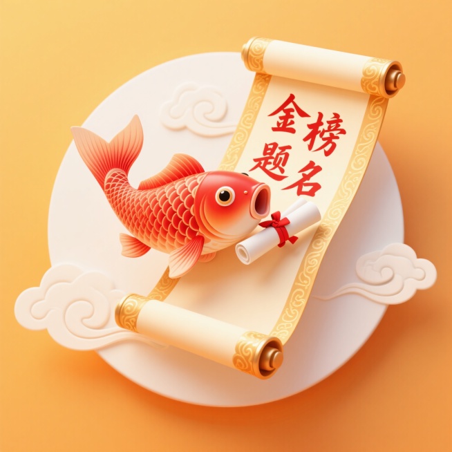 软3D风格插画，橙黄色为主色调，辅以白色和浅金色，柔和高光与轻微阴影营造立体感，细腻渐变质感，卷轴从右上向左下弯曲展开，边缘有金色祥云花纹装饰，上面用红色毛笔字书写“金榜题名”四字，字体为传统书法体，卷轴中央是一条红色锦鲤，鳞片纹理清晰，尾巴呈扇形飘逸展开，锦鲤口中衔着两支用红色丝带捆扎的白色卷轴，背景环绕着轻盈的白色祥云图案，整体构图呈圆形，视觉焦点集中在卷轴和锦鲤上，氛围喜庆吉祥，画面简洁……预览效果