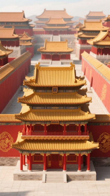 故宫宫殿群的3D渲染场景，以红色和金色为主色调，展现传统中国建筑风格，前景为一座三层高的宫殿，屋顶覆盖黄色琉璃瓦，屋檐下有红色立柱和金色装饰，背景是多座错落有致的宫殿屋顶，两侧红色墙壁上有金色的传统花纹图案，整体画面干净整洁，光影柔和，符合现实建筑逻辑，适合作为背景素材使用，具有浓厚的东方古典美学气息。预览效果