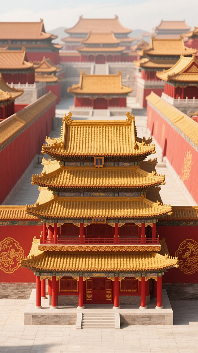 故宫宫殿群的3D渲染场景，以红色和金色为主色调，展现传统中国建筑风格，前景为一座三层高的宫殿，屋顶覆盖黄色琉璃瓦，屋檐下有红色立柱和金色装饰，背景是多座错落有致的宫殿屋顶，两侧红色墙壁上有金色的传统花纹图案，整体画面干净整洁，光影柔和，符合现实建筑逻辑，适合作为背景素材使用，具有浓厚的东方古典美学气息。