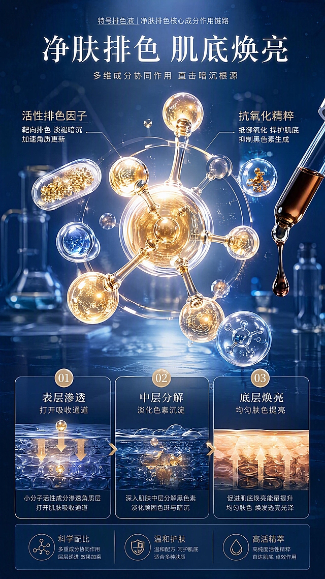 [第3张] 详情页成分机理-特号排色液净肤排色核心成分作用链路。本张为成分机理专页，以成分为主视觉，不强制使用产品外观图。
[氛围/风格] 科研实验室风，专业高级，色彩光亮通透，分子元素大尺寸呈现，商业3D渲染质感。
[元素布局] 画面中央为大型3D分子结构模型（占画面40%以上），周围环绕多个透明胶囊和活性成分粒子；上方为成分名称区，下方为三段式作用链路示意：「表层渗透→中层分解→底层焕亮」；背景为深蓝色科技感渐变，有实验室器皿轮廓和光斑；右侧有滴管滴出深棕色精华液的特写。
[光影质感] 分子结构自发光效果，周围有光晕；顶部柔光，底部暗部有反光；整体通透有科技感。
[配色色系] 全局底色 #1A3A5C 深蓝科技渐变；主色金色分子光；辅助色白色、浅蓝、深棕精华色。
[视角构图] 中心构图，分子结构为视觉焦点；阅读动线上标题→中分子→下三段链路。
[文字版式] 顶部主标题「净肤排色 肌底焕亮」；分子两侧标注核心成分关键词：「活性排色因子」「抗氧化精粹」；底部三段式信息图，每段配图标+短文案：「表层渗透 打开吸收通道」「中层分解 淡化色素沉淀」「底层焕亮 均匀肤色提亮」；文字大号清晰，白色+金色搭配。
[比例分辨率] 9:16竖版比例，4K分辨率，文字清晰可辨，高清画质。
[负向提示词] 黑金奢华风格，水印，文字错乱，分子过小，背景杂乱，医疗功效承诺，优惠信息。