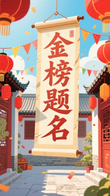 古风庭院中悬挂巨型卷轴，书写“金榜题名”大字，红灯笼、彩旗点缀，阳光温暖，氛围喜庆，仿古风格，细节精致预览效果