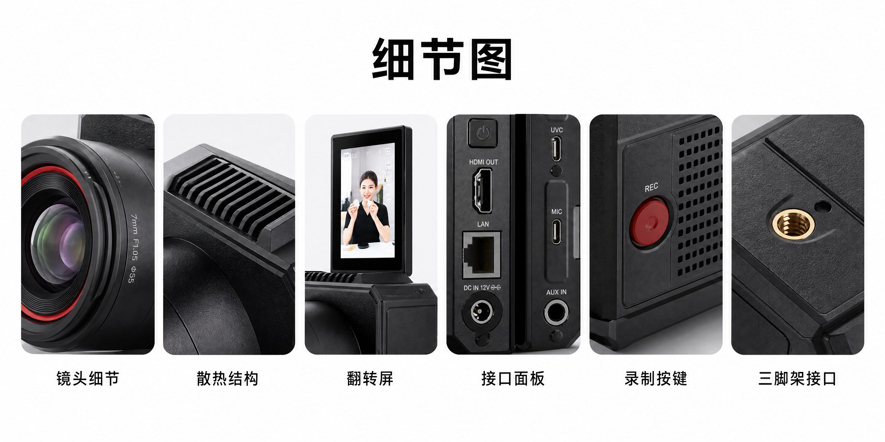 电商详情页产品细节图模块，黑色方形直播相机，参考图中产品外观结… - 图片创意预览