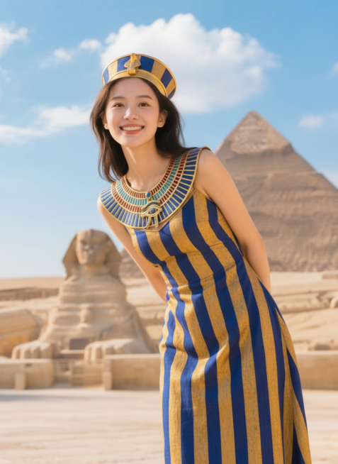 图片中的女生在埃及金字塔旁，衣服换成埃及女王穿搭预览效果