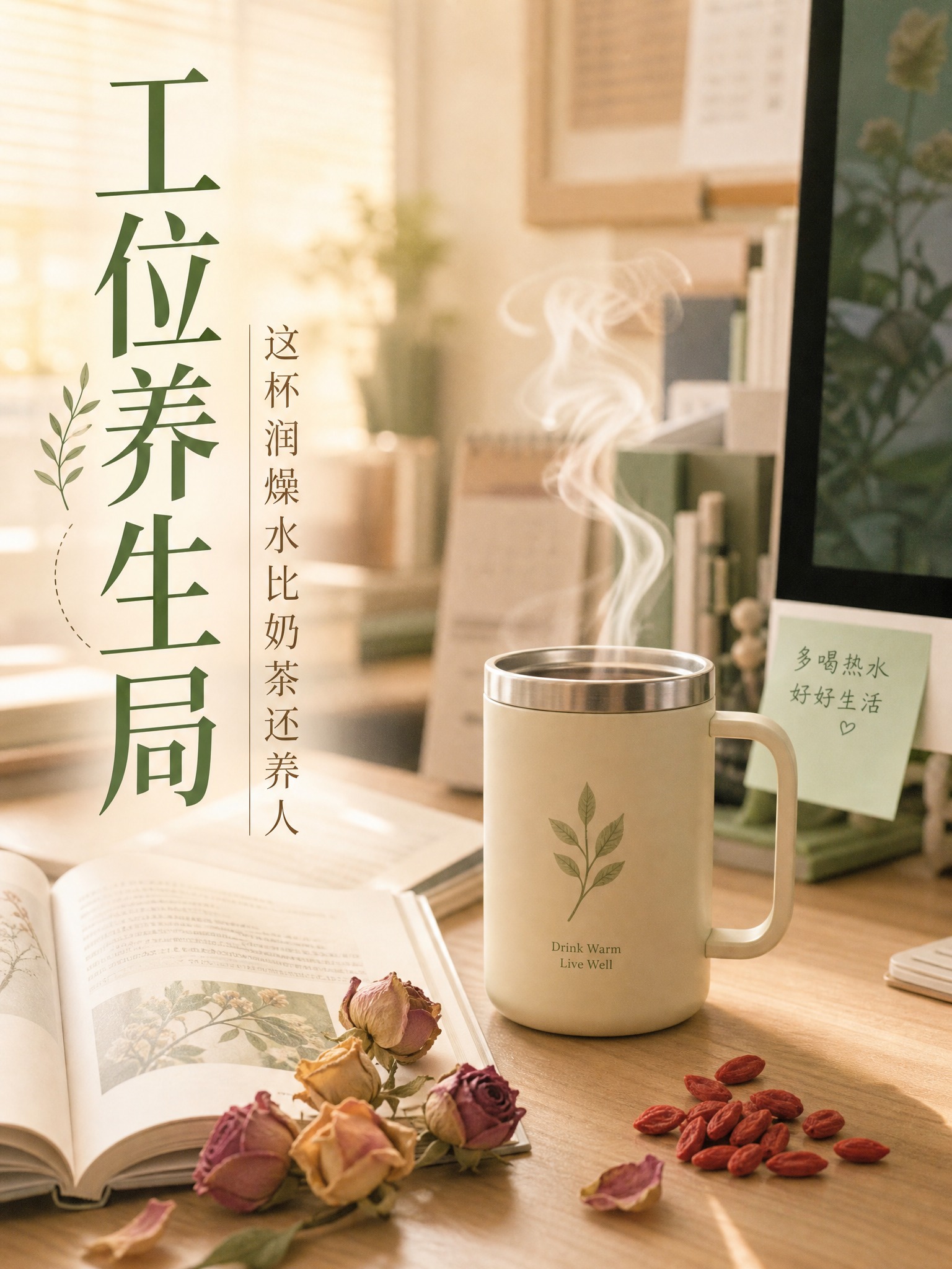 小红书风格治愈系办公场景海报，治愈系摄影风格，胶片质感。3:4… - 图片创意预览