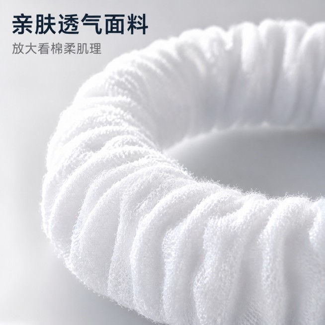 [主图-3] 男士卫生圈面料细节特写。氛围风格：微距写实品质展示。画质：商业摄影质感，超高清细节，光线通透。元素：放大展示男士卫生圈的亲肤棉柔面料纹理，特写褶皱纤维结构，清晰展示蓬松透气细节，保留产品预览效果